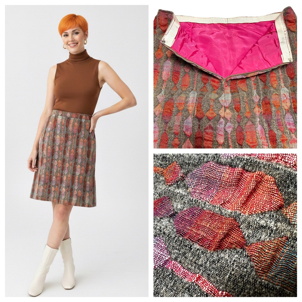 Vtg 60s Handmade Tapestry Skirt MCM Mod Atomic Diamond Brocade Pink Lining Large